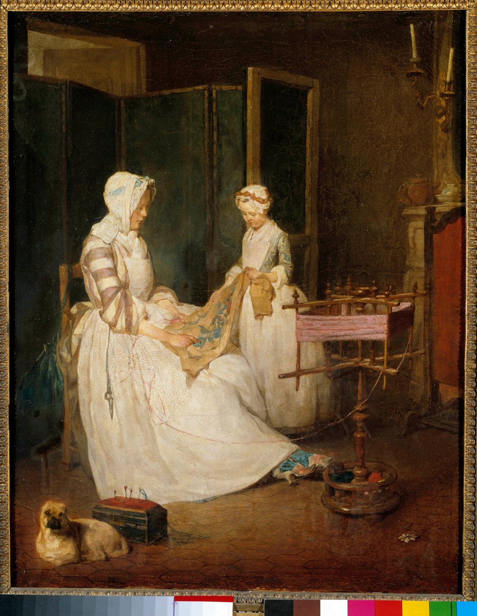 Pracująca matka Matka, której córka pomagała w haftowaniu i używaniu chedderu. Obraz Jeana Baptiste Simeona Chardina (1699-1779) XVIII w. Słońce. 0,4x0,39 m² autorstwa Jean Baptiste Simeon Chardin