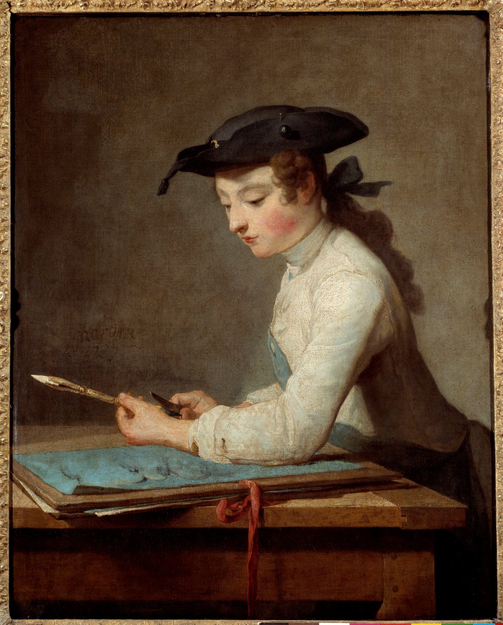 Młody rysownik rzeźbi ołówek. Obraz Jeana Baptiste Simeona Chardina (1699-1779) autorstwa Jean Baptiste Simeon Chardin