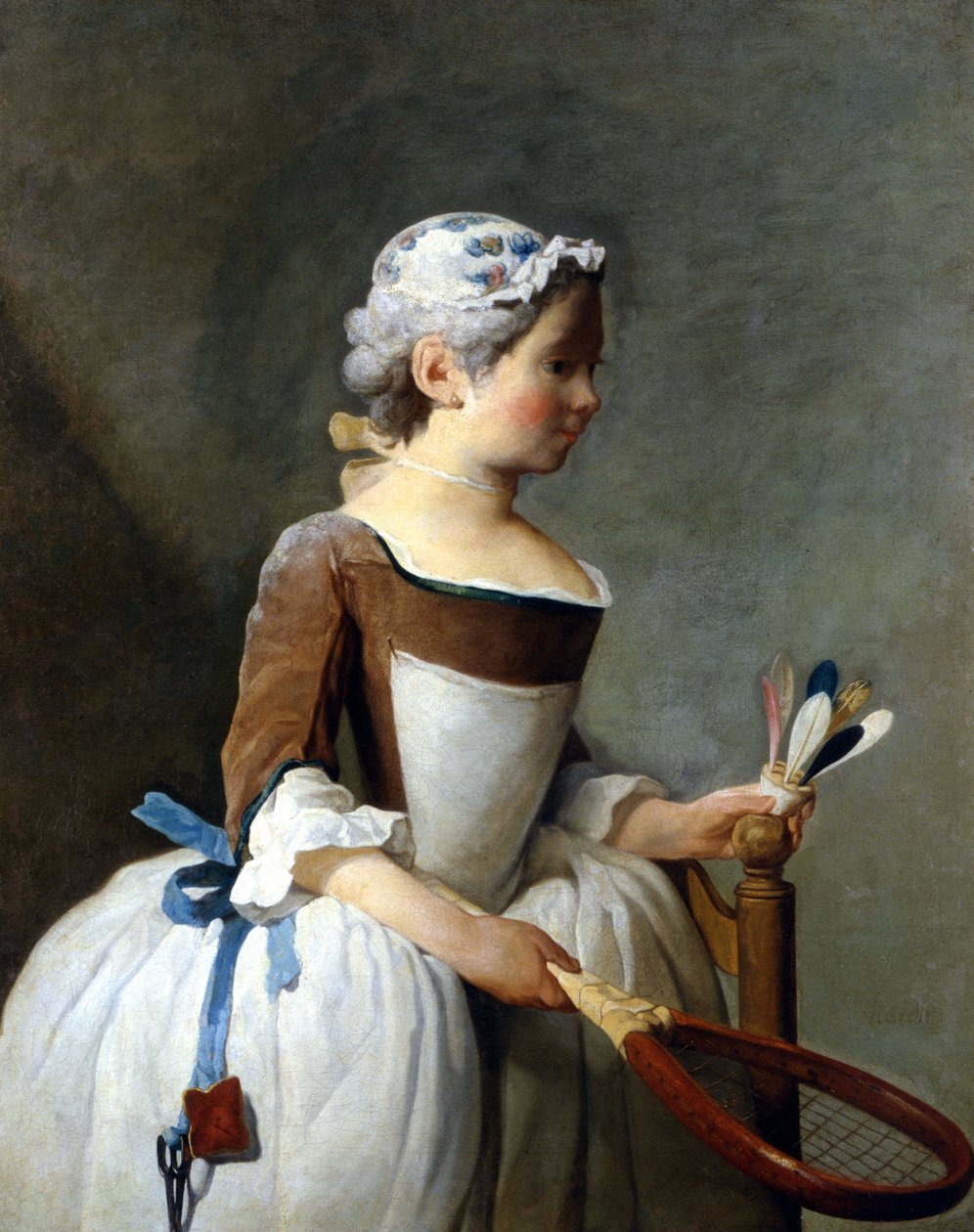 Młoda dziewczyna z rakietami śnieżnymi i kierownicą, Jean Baptiste Siméon Chardin (1699 - 1779), obraz olejny, Muzeum Uffizi, Florencja. * autorstwa Jean Baptiste Simeon Chardin