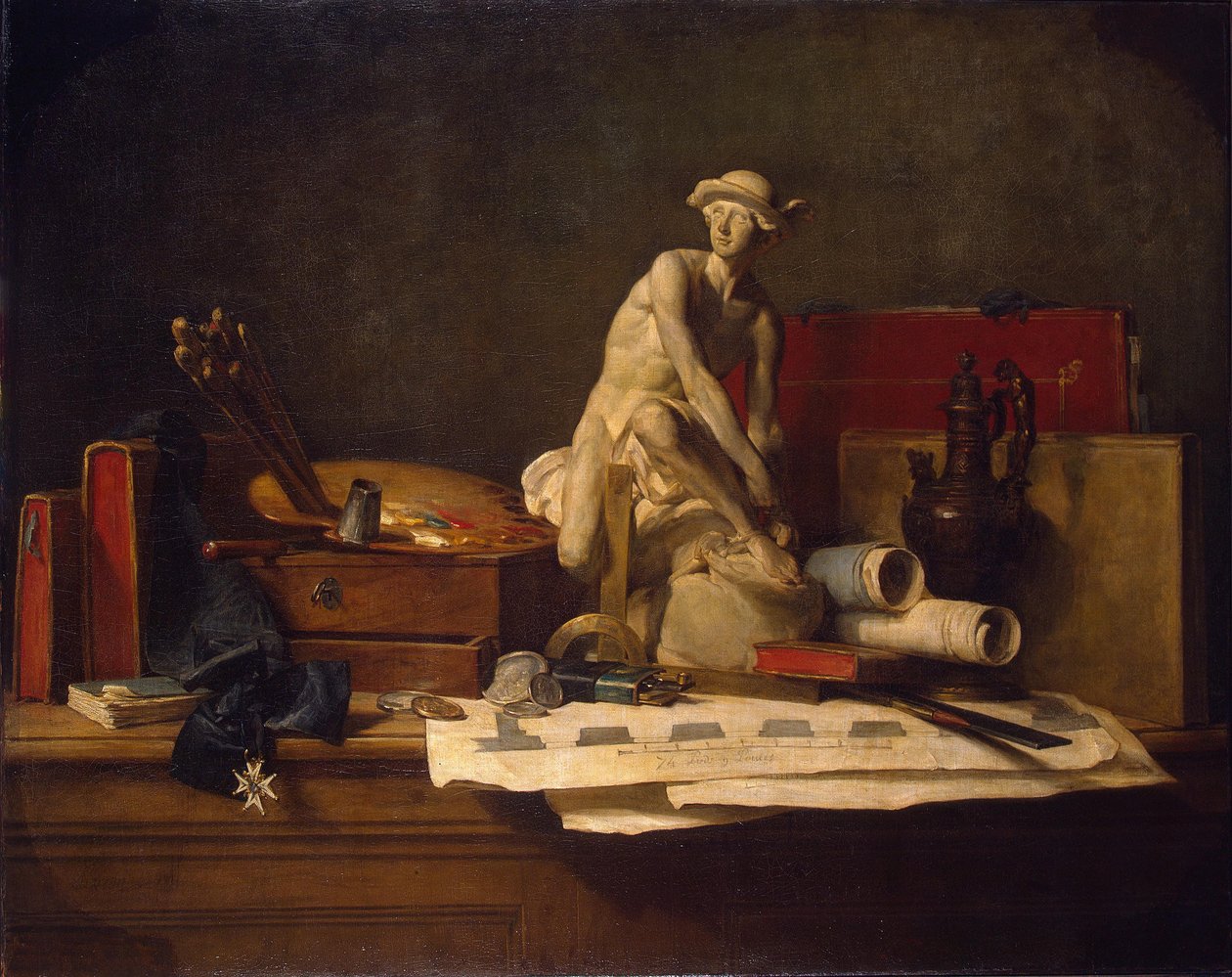 Francuski:  Nature morte avec des attributs des Arts Martwa natura z atrybutami sztuki autorstwa Jean Baptiste Simeon Chardin