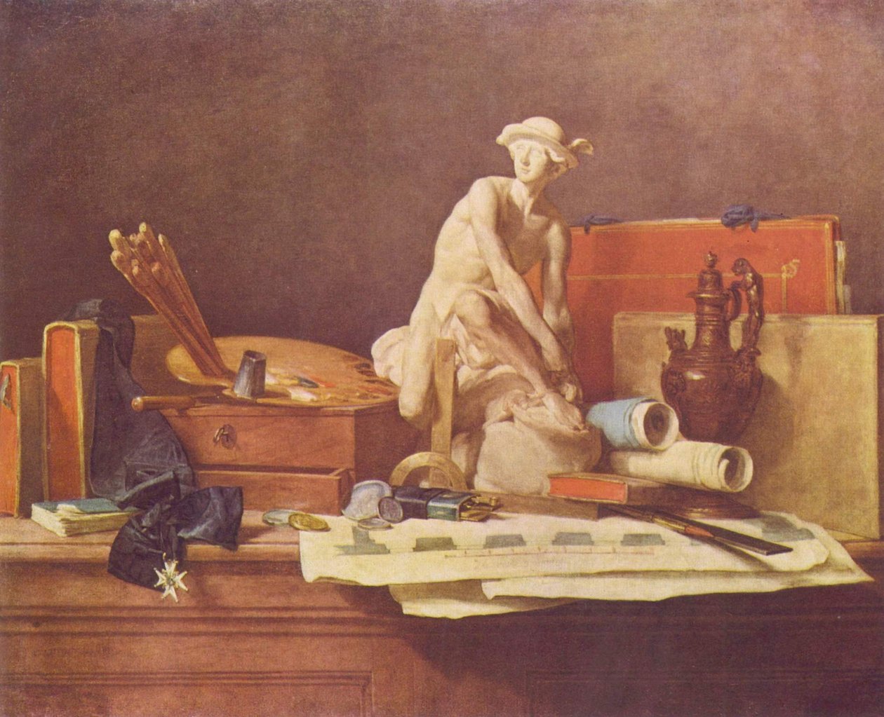 Francuski:  Nature morte avec des attributs des Arts Martwa natura z atrybutami sztuki autorstwa Jean Baptiste Simeon Chardin