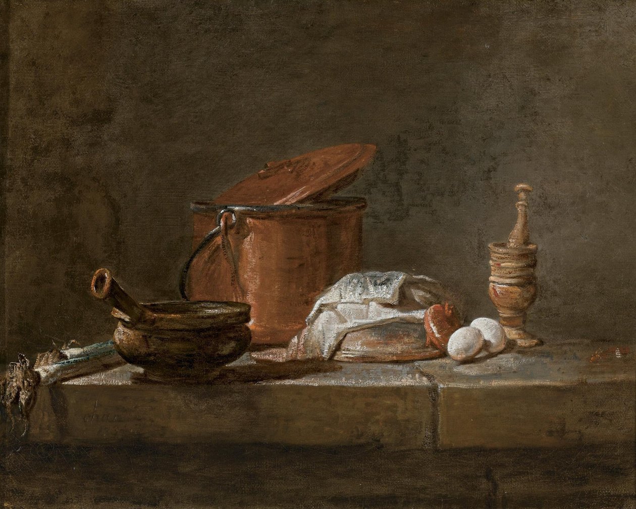 Pory, zapiekanka ze ściereczką, miedziany garnek i pokrywka, cebula i jajka z tłuczkiem i moździerzem, na kamiennej półce autorstwa Jean Baptiste Simeon Chardin