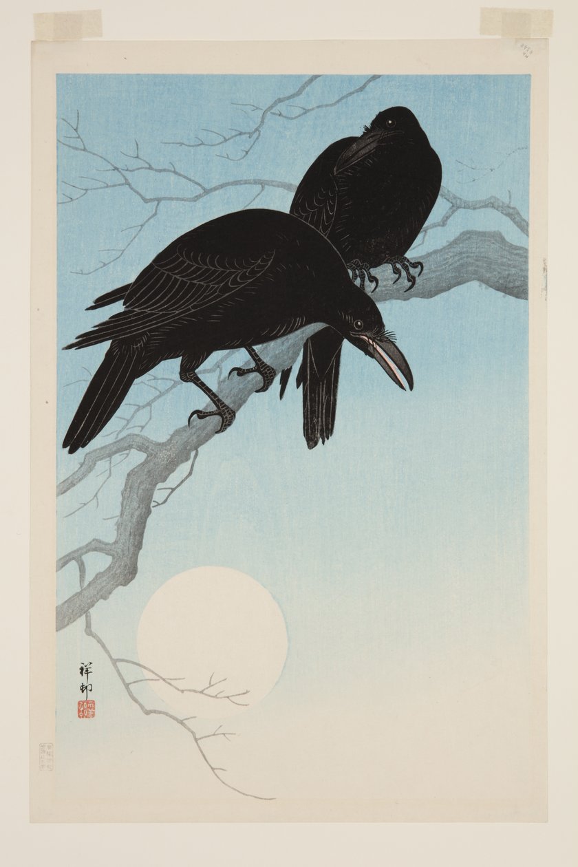 Crows in Moonlight (kolorowy drzeworyt) autorstwa Jean Baptiste Thonesse