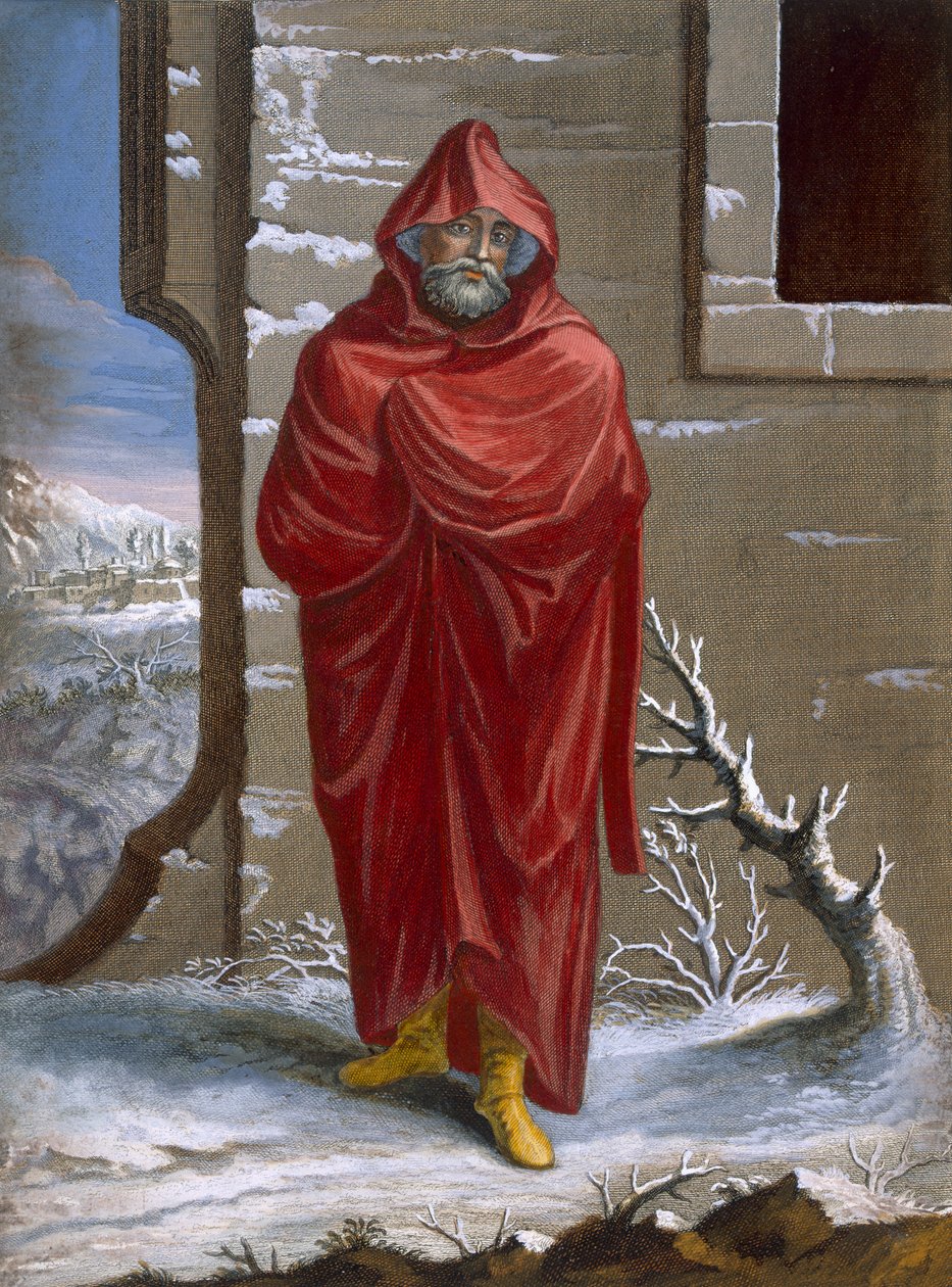 Turek w stroju zimowym, tablica 41 z „Zbioru stu druków reprezentujących różne narody Lewantu” Charlesa de Ferriola, sztych. Jean-Baptiste Haussard (fl.1679-1749), 1 autorstwa Jean Baptiste Vanmour