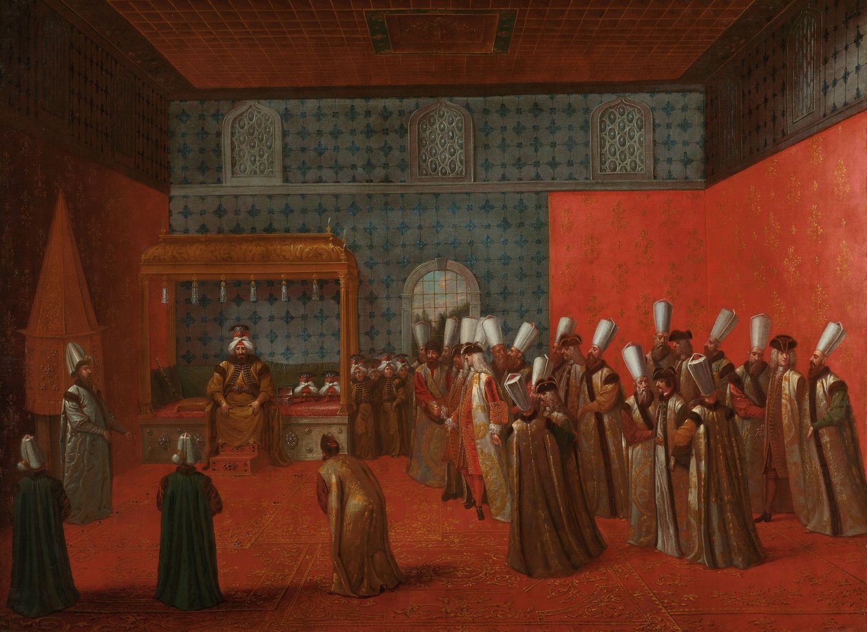 Ambasador Cornelis Calkoen na audiencji u sułtana Ahmeda III Ambasador Cornelis Calkoen na audiencji u sułtana Ahmeda III, 14 września 1727 r. autorstwa Jean Baptiste Vanmour