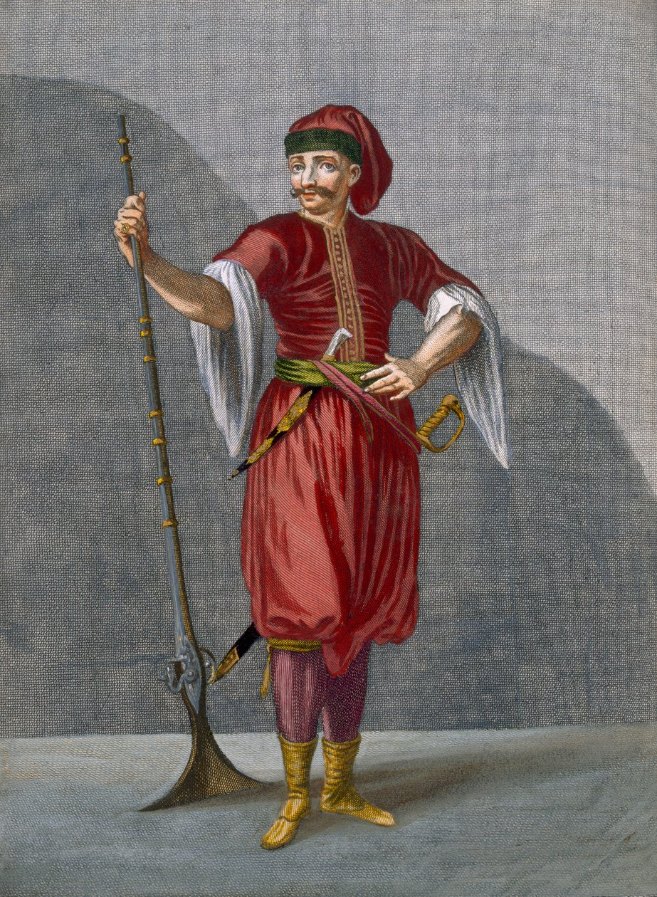 Żołnierz albański, tablica 78 z „Kolekcja stu druków reprezentujących różne narody Lewantu” Charlesa de Ferriola, sztych. Gerard Scotin (1671-1716), 1707-08 (kolor e autorstwa Jean Baptiste Vanmour