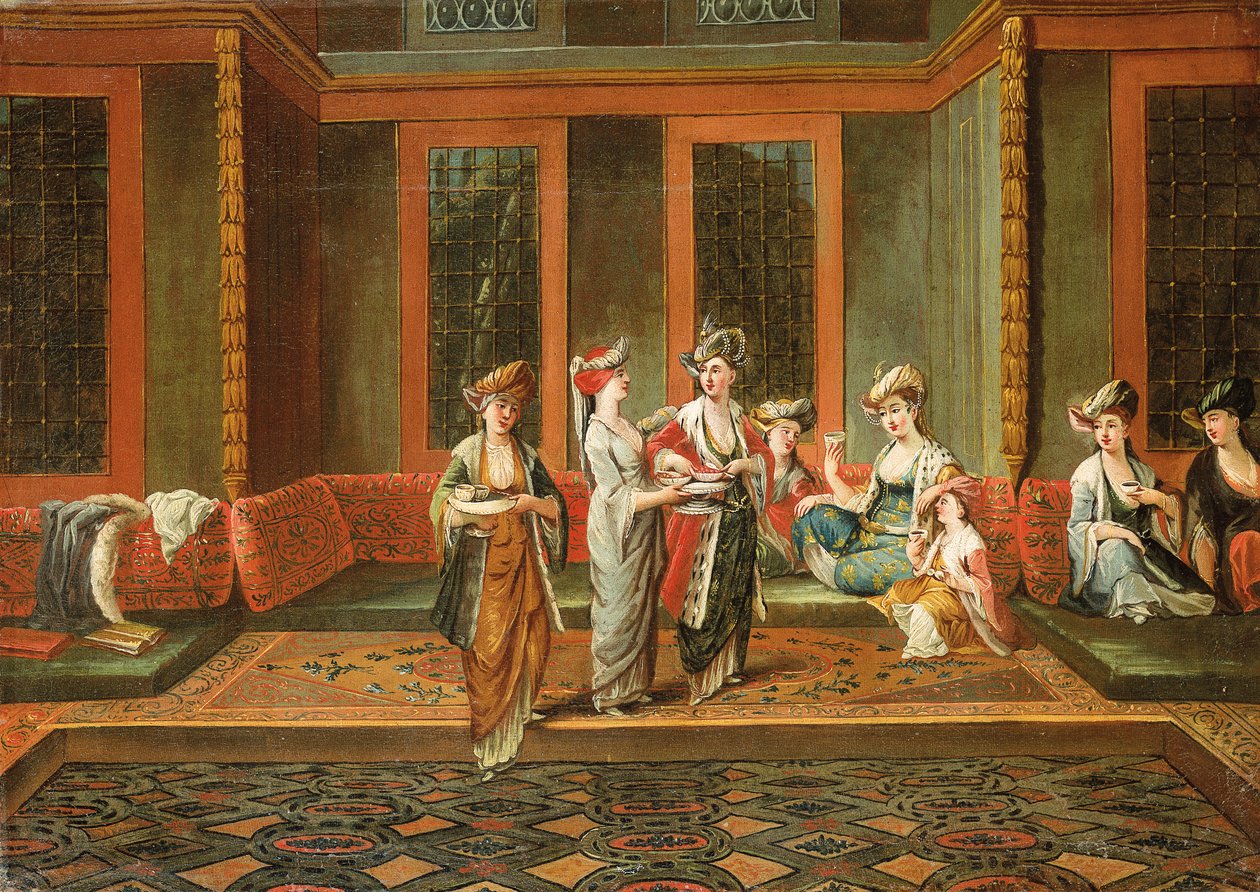 Armeńskie kobiety pijące kawę we wnętrzu autorstwa Jean Baptiste Vanmour