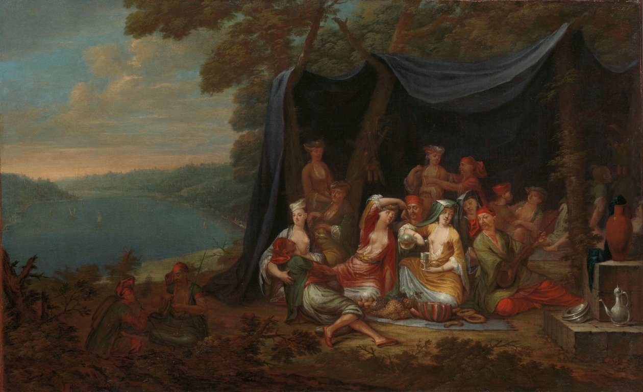 Fête champêtre z tureckimi dworzanami pod namiotem Imprezujący tureccy dworzanie przed namiotem autorstwa Jean Baptiste Vanmour