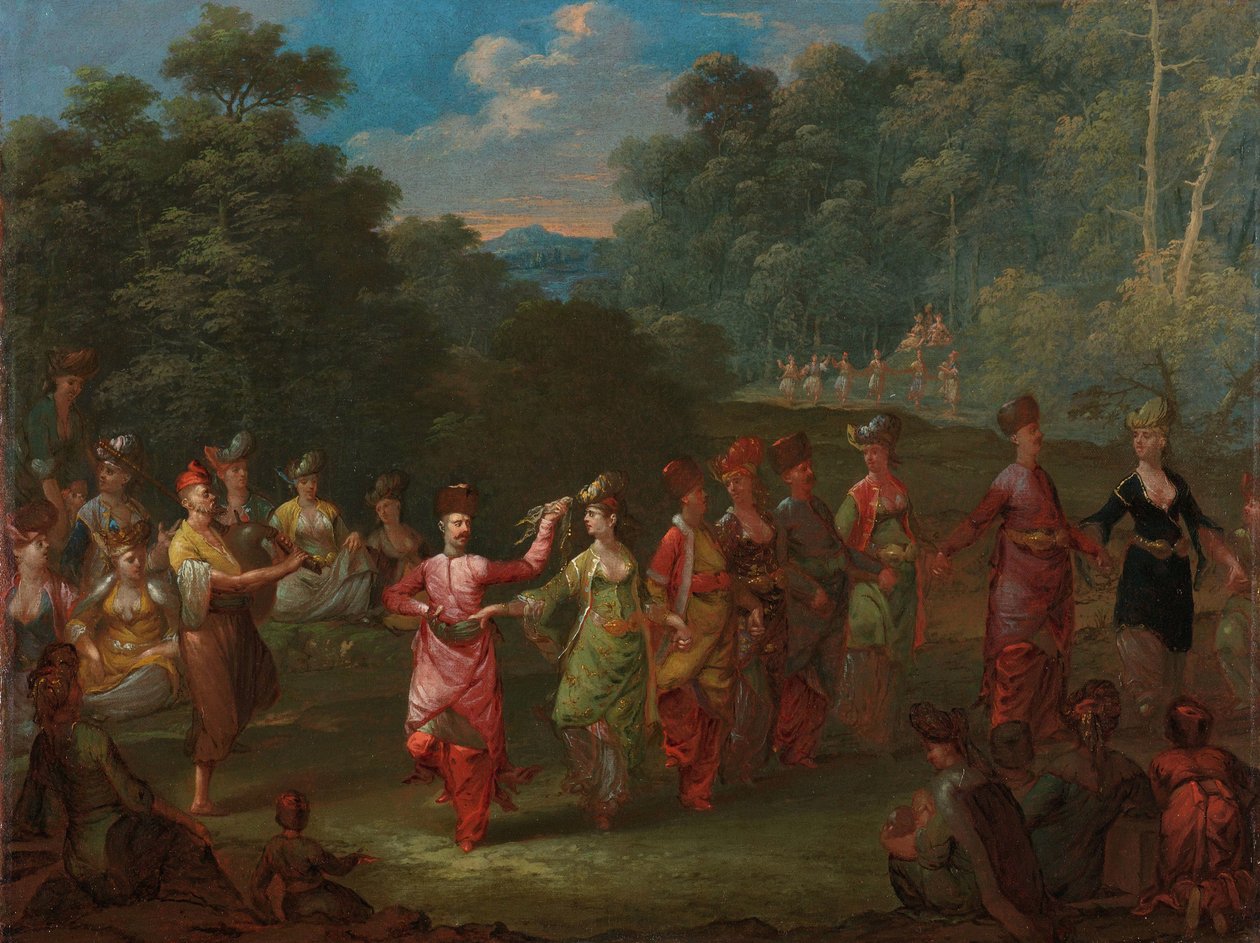 Greccy mężczyźni i kobiety tańczą chorą Grecy i kobiety tańczą khorra autorstwa Jean Baptiste Vanmour