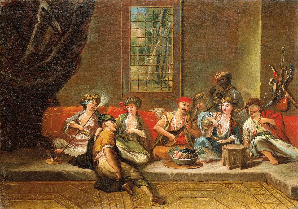 Greccy marynarze bawią się we wnętrzu autorstwa Jean Baptiste Vanmour