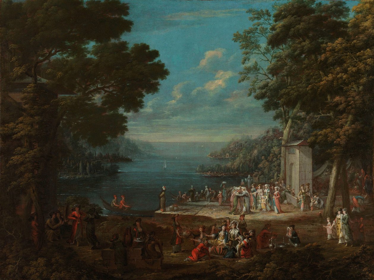 Wycieczka damska w Hünkar İskelesi wzdłuż Bosforu Damesfeest w sułtańskim molo aan de Bosfor autorstwa Jean Baptiste Vanmour