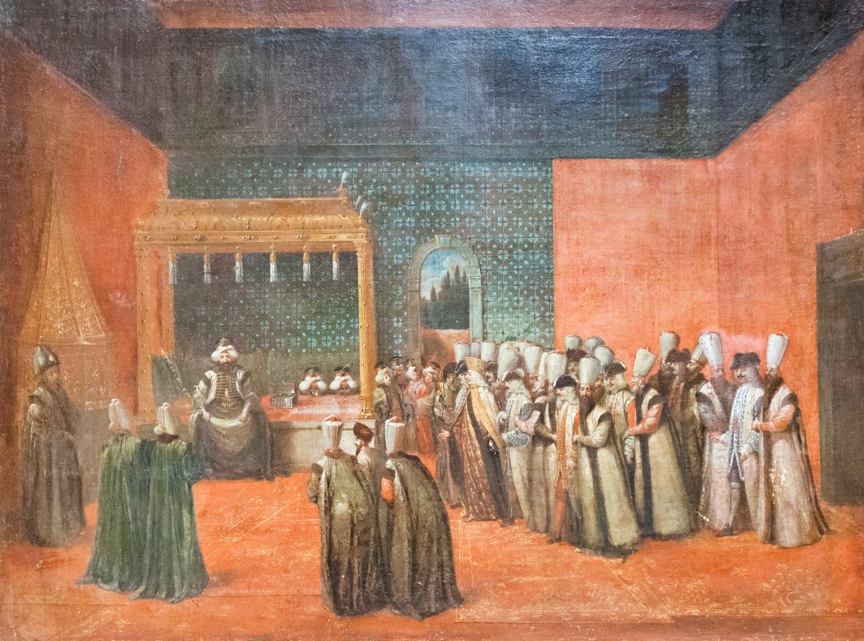 Sułtan Ahmed III przyjmujący ambasadora europejskiego, ok. 1725 r. (olej na płótnie) autorstwa Jean Baptiste Vanmour