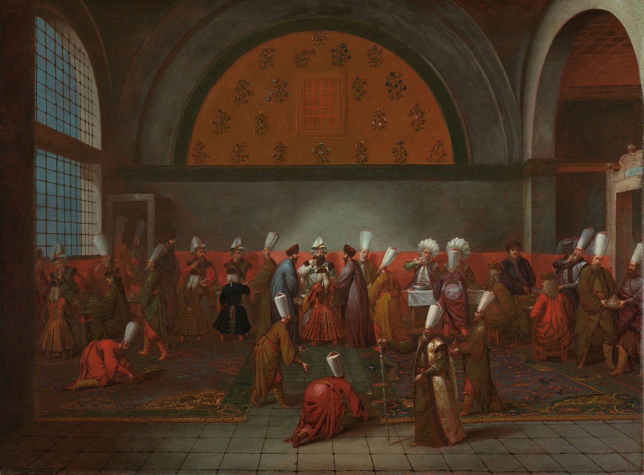 Posiłek na cześć ambasadora Cornelisa Calkoen Posiłek ofiarowany ambasadorowi Cornelisowi Calkoenowi przez wielkiego wezyra w imieniu sułtana Ahmeda III, 14 września 1727 r. autorstwa Jean Baptiste Vanmour