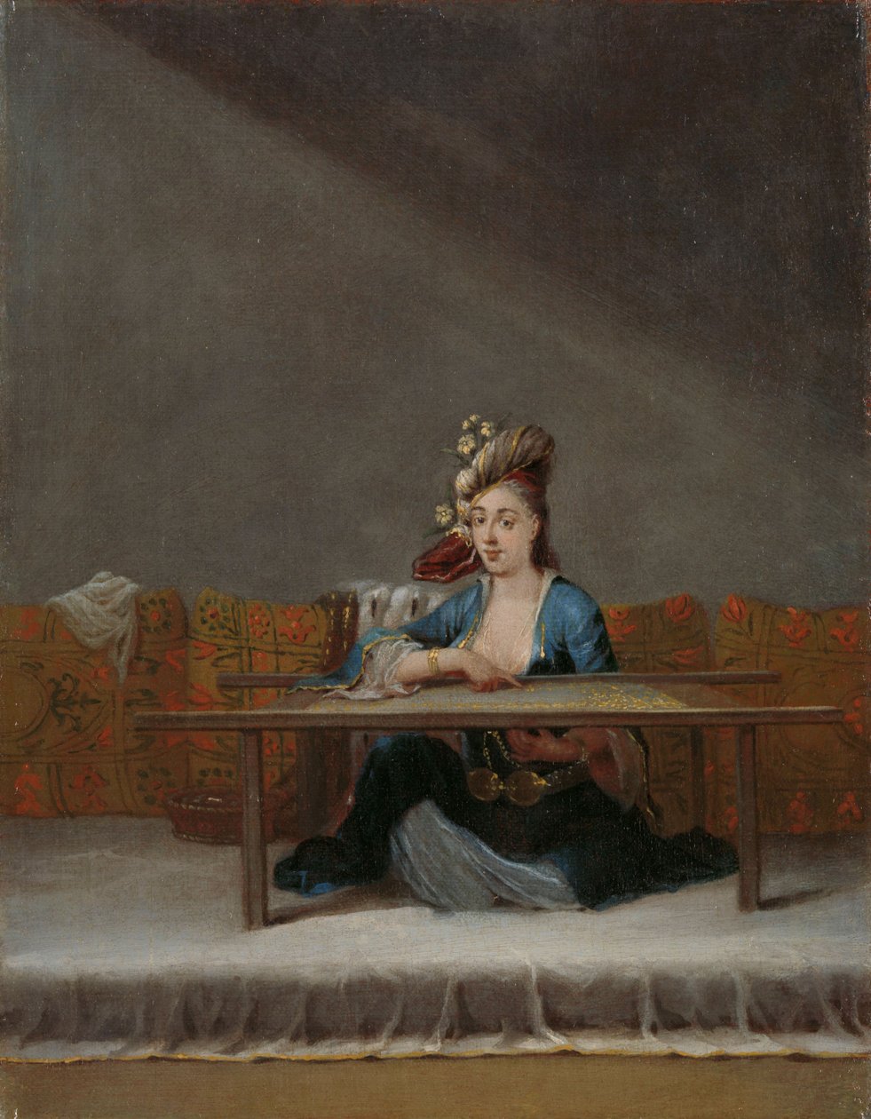 Kobieta turecka przy ramie do haftowania, ok. 1720-37 autorstwa Jean Baptiste Vanmour