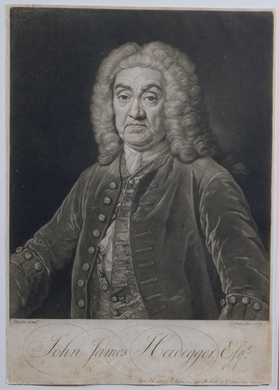 Portret Johna Jamesa Heideggera (1666-1749), szwajcarskiego impresaria w Londynie, rytowany przez Johna Fabera (1684-1756), 1749 autorstwa Jean Baptiste van Loo