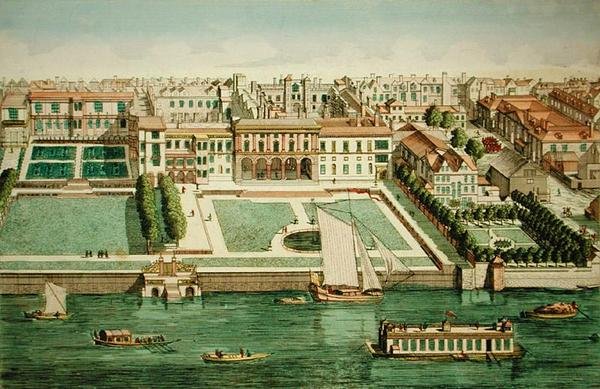 Perspektywa Somerset House z rzeki, z „Kolekcja Prospektów” (kolorowy grawerunek) (patrz także 94450) autorstwa Jean Benoit Winckler