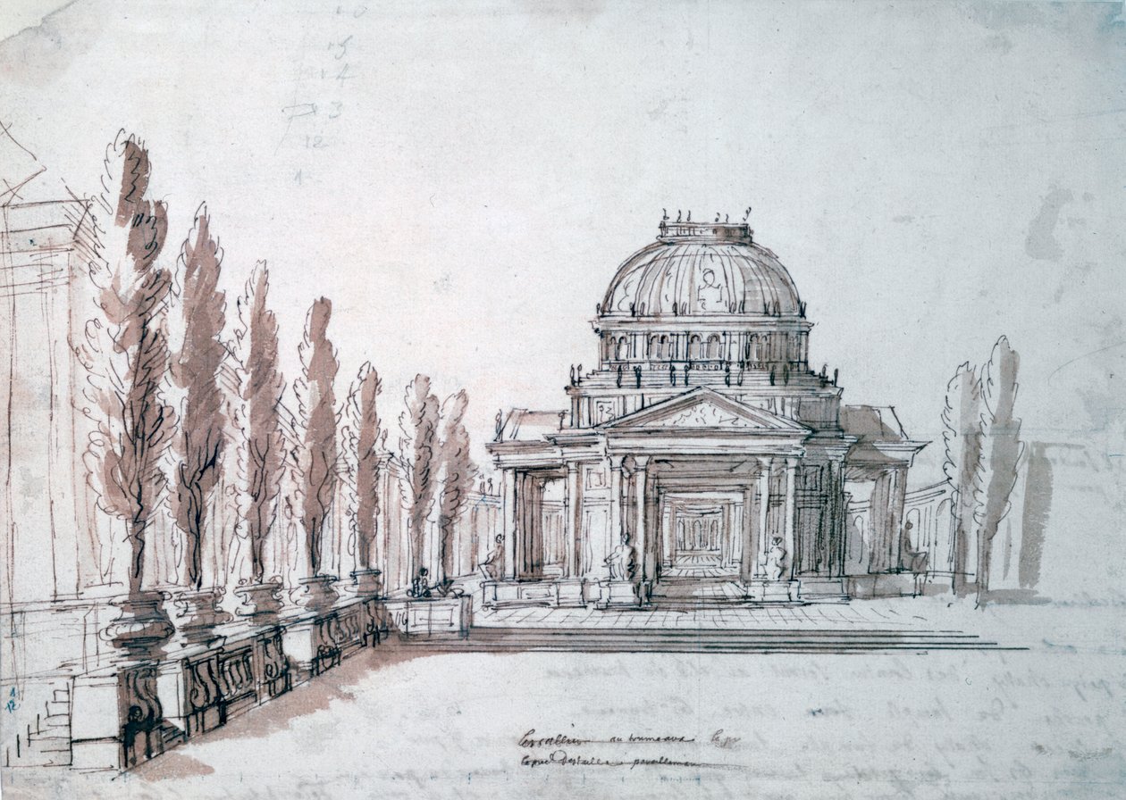 „Świątynia Apolla”, do opery Achilles i Poliksene, ok. 1687 autorstwa Jean Berain, Jean Baptiste Lully