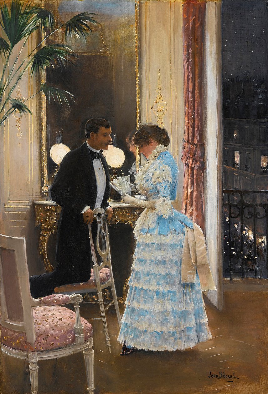 Rozmowa par Beraud, Jean (1849-1936). Olej na płótnie, format : 55,9x39,3, , Kolekcja prywatna autorstwa Jean Beraud