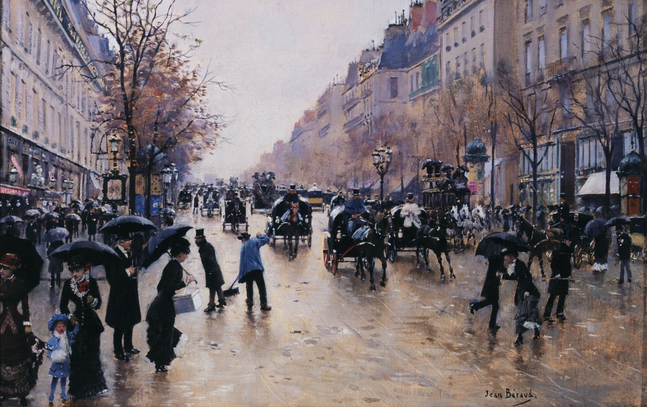 Boulevard Poissonière w deszczu, ok. 1880 (olej na płótnie) autorstwa Jean Beraud