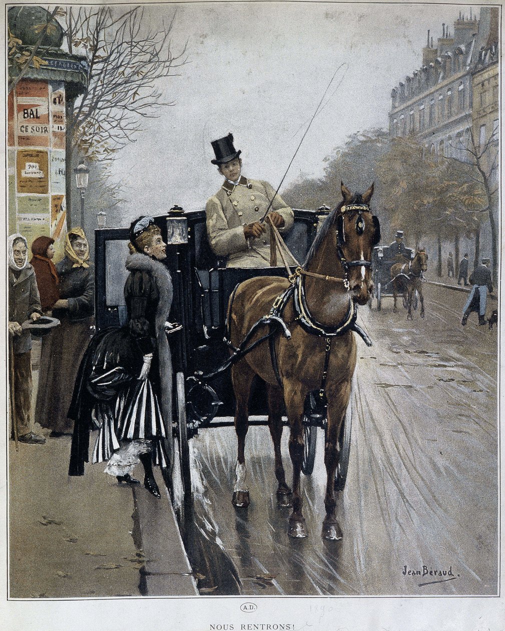 Elegancka kobieta w powozie w Paryżu: „Powracamy” - ilustracja Jean BERAUD (1849 - 1935), koniec XIX wieku. autorstwa Jean Beraud