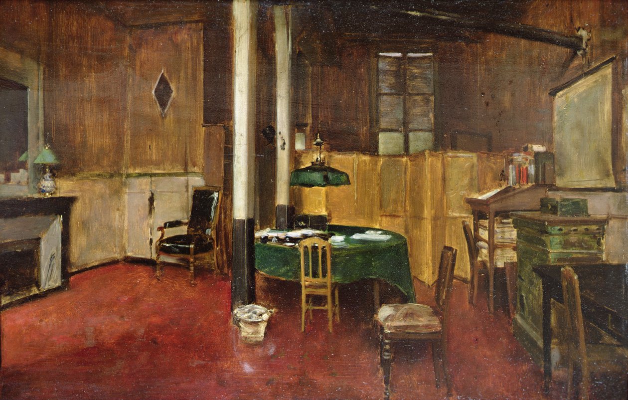 Newsroom Hansarda, ok. 1889 r. (olej na drewnie) autorstwa Jean Beraud