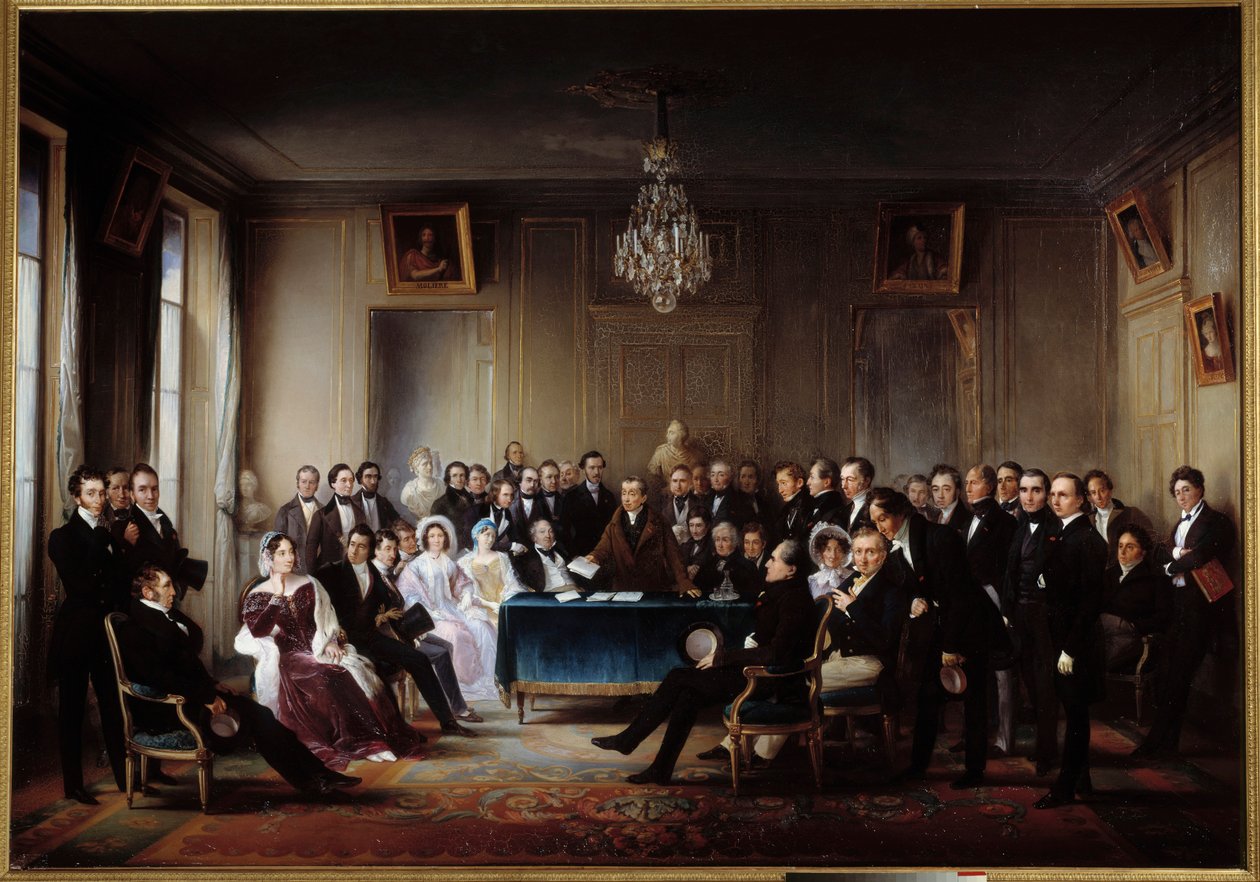 Poeta i dramaturg Francois Guillaume Andrieux czyta swoją tragedię Junius Brutus „” w foyer w Komedii Francuskiej w dniu 26.05.1828” Wśród prezentów Alexandre Dumas, Pierre Nicolas Michelot, Jean Francois Becquerel, Firmin, Victor Hugo, Eugene autorstwa Jean Beraud