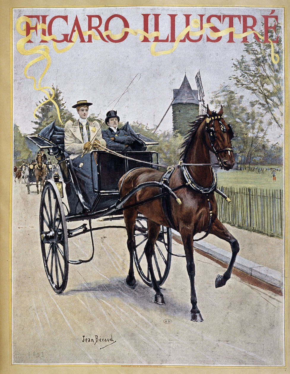 Kobieta prowadząca karetę z mężczyzną siedzącym obok - okładka w „” Figaro Illustré”” autorstwa Jean Beraud