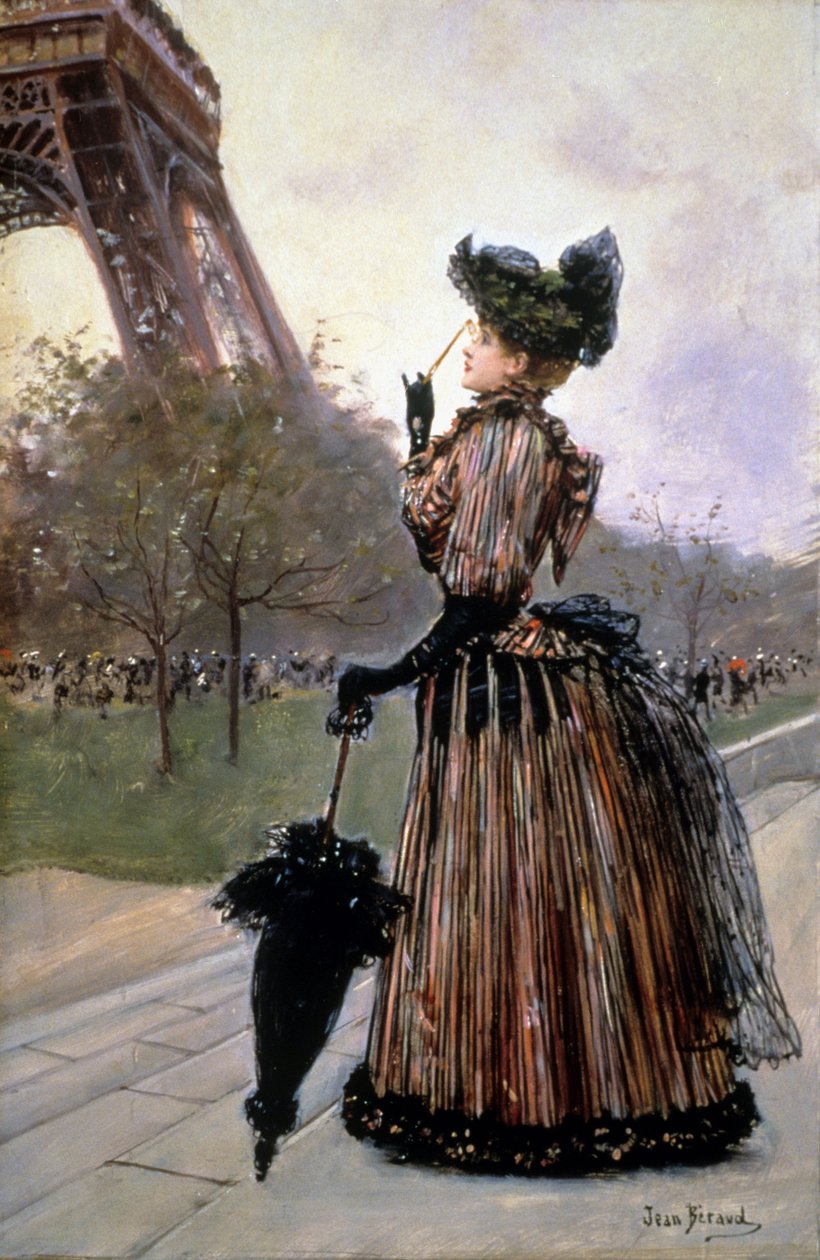 Kobieta przed Wieżą Eiffla autorstwa Jean Beraud