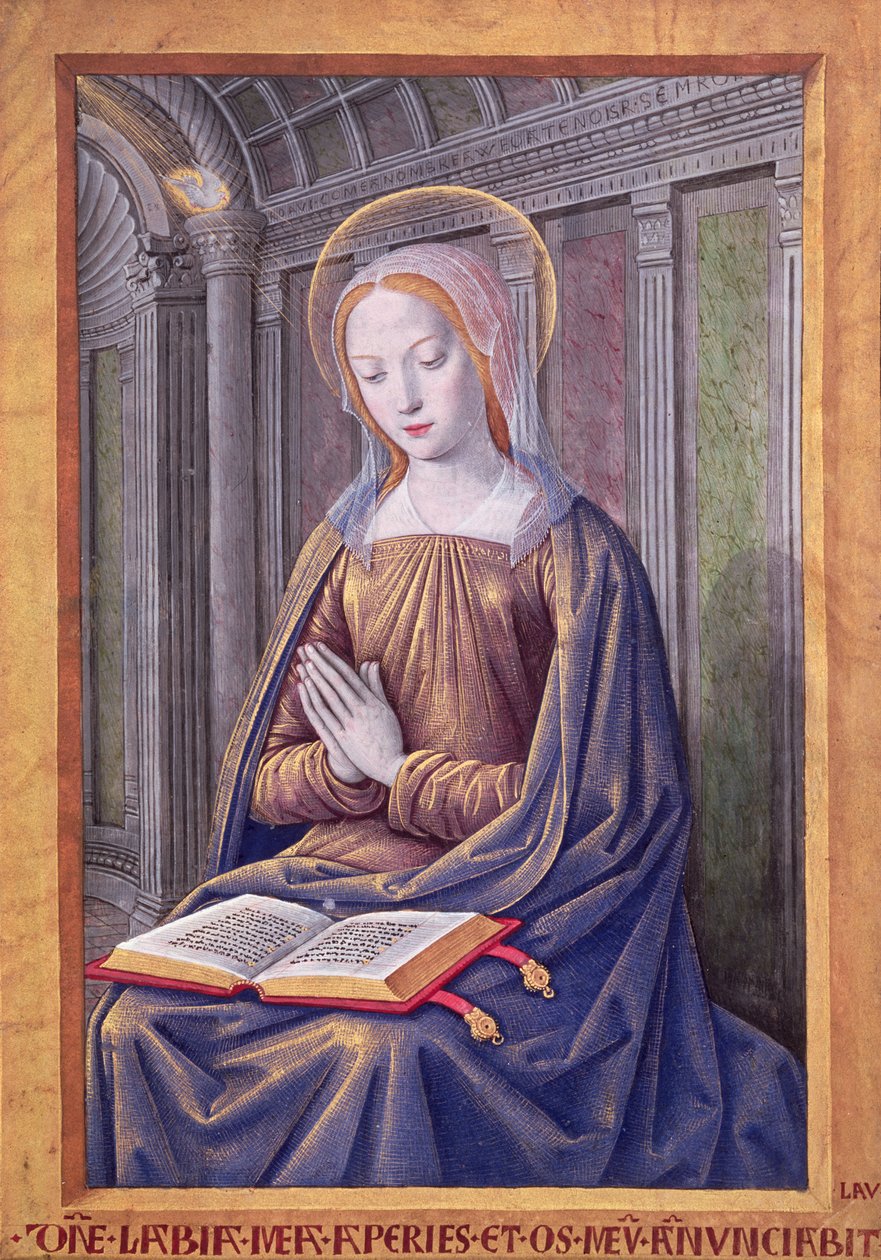 Dodaj 25254 Dziewica otrzymująca Zwiastowanie, z „Godzin Henryka VII”, Tours, c.1500 (welum) autorstwa Jean Bourdichon