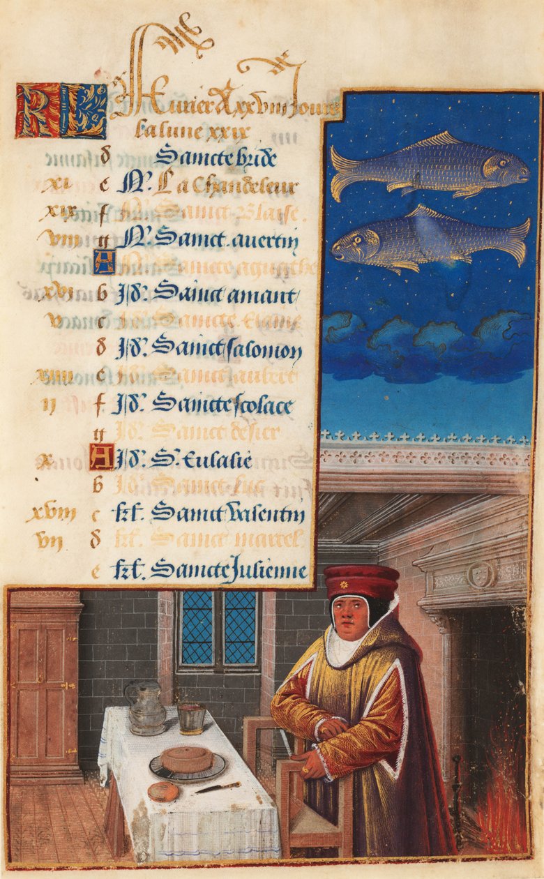 Godzinki Ludwika XII (dawniej Godzinki Henryka VII), liść kalendarza na miesiąc luty, ok. 1490-1510 (tempera na welonie) autorstwa Jean Bourdichon