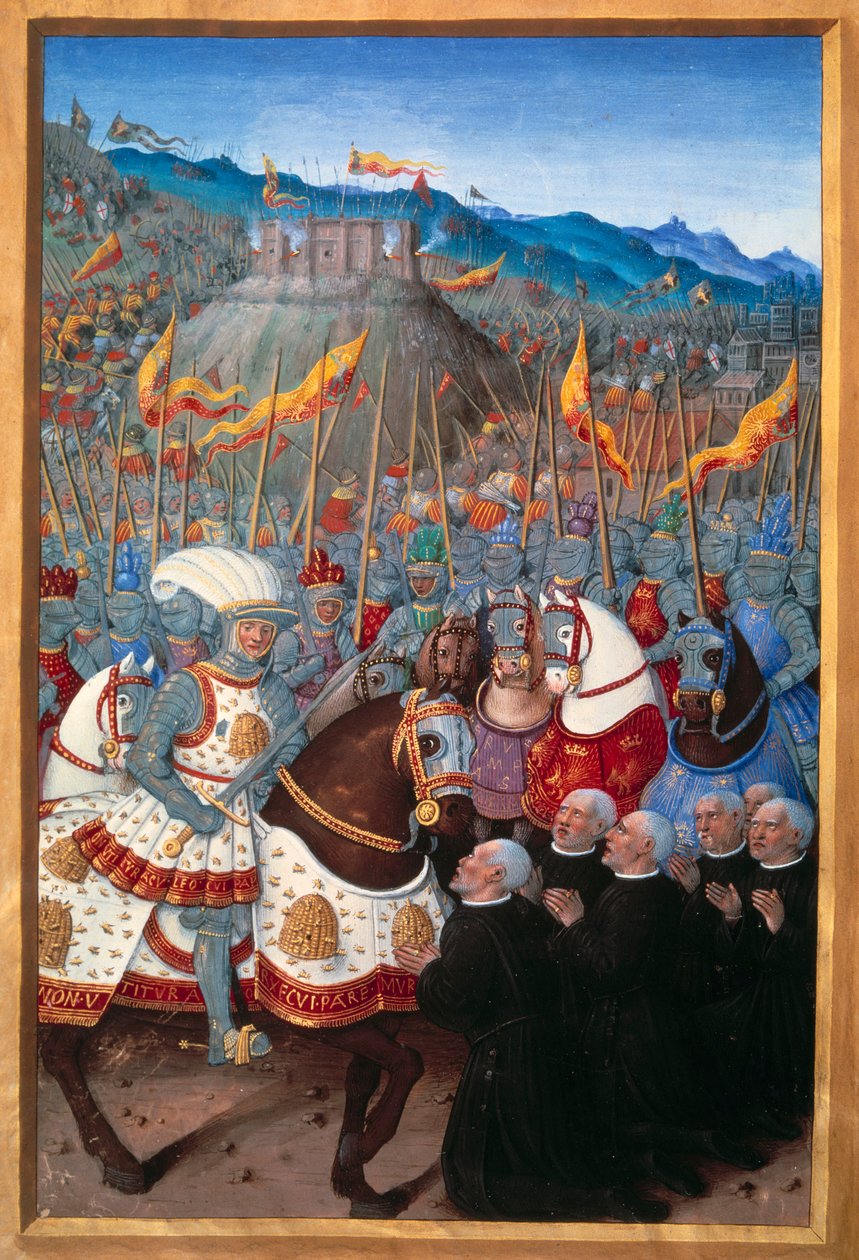 Ludwik XII (1462-1515) otrzymał sześciu mieszczan z Genes klęczących (25 kwietnia 1507). Miniatura autorstwa Jean Bourdichon (1457? - 1521) w "Voyage de Genes" (Folio 20v) napisana przez Jean Marot, v.1508. Paryż, B N autorstwa Jean Bourdichon