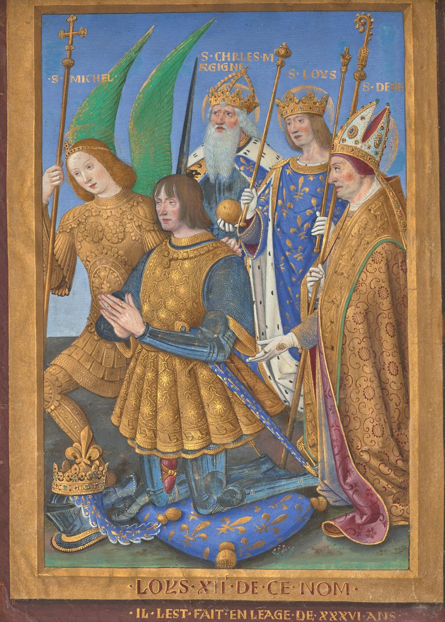 Ludwik XII, król Francji, klęczy w modlitwie w towarzystwie świętych Michała, Karola Wielkiego, Ludwika i Denisa autorstwa Jean Bourdichon