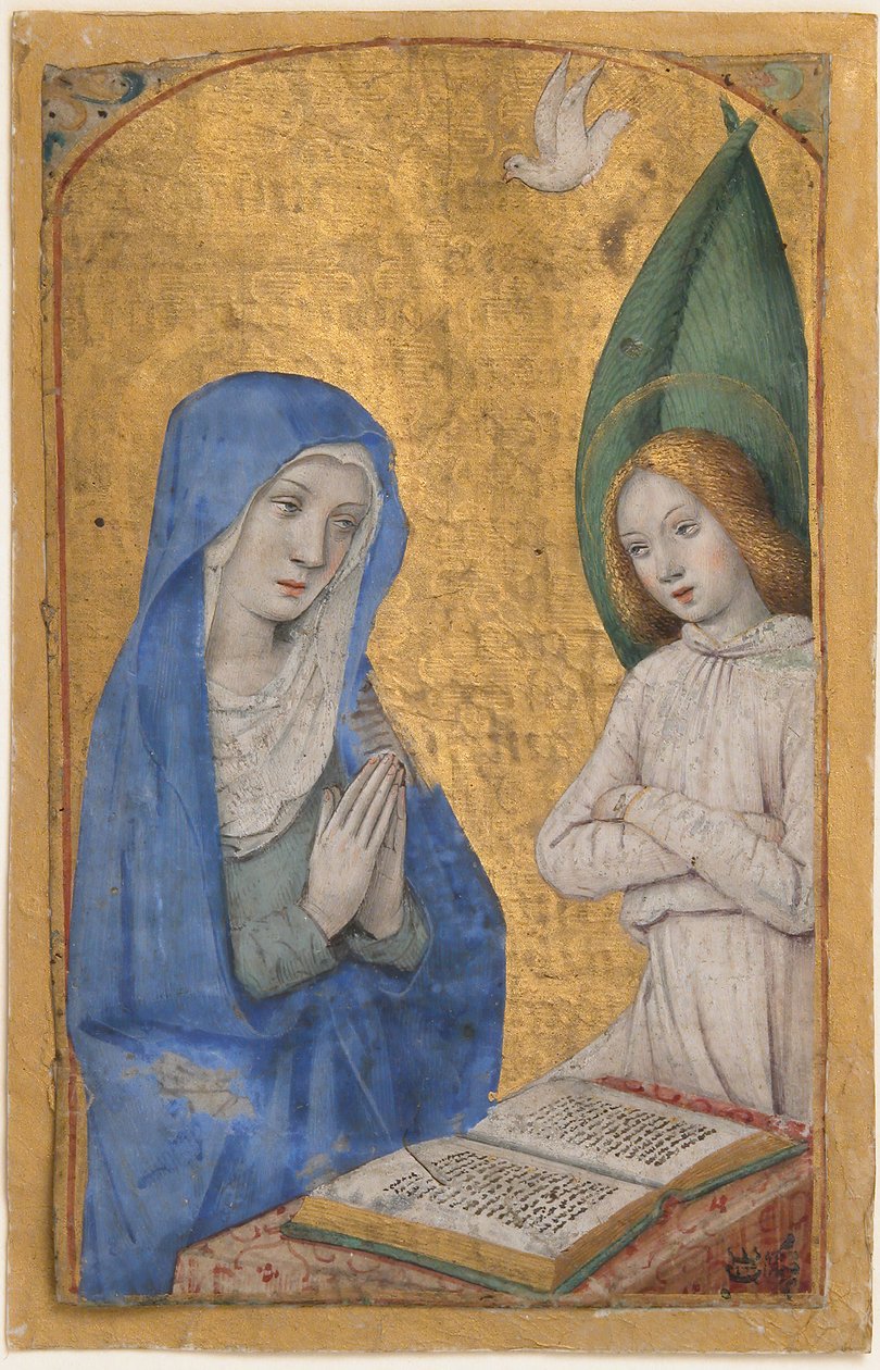 Kartka rękopisu ze Zwiastowaniem z Księgi Godzin, francuska, ca. 1485-90. autorstwa Jean Bourdichon