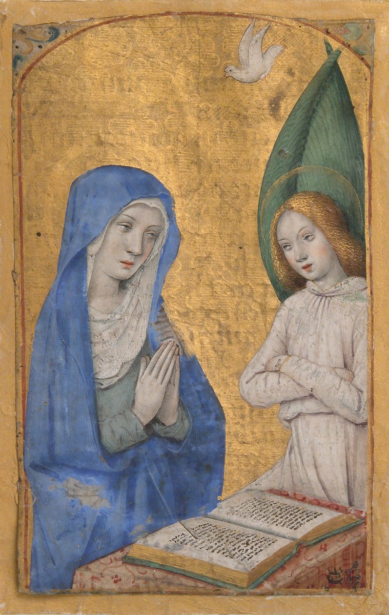Kartka rękopisu ze Zwiastowaniem z Księgi Godzin, ca. 1485-90. autorstwa Jean Bourdichon