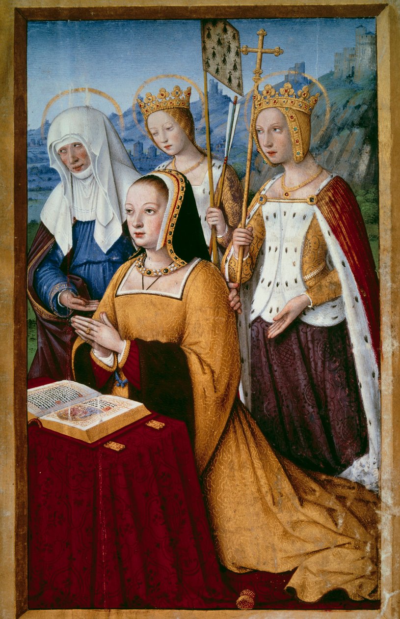 Portret Anny Bretanii (1477-1514), królowej Francji, modlącej się ze swoją patronką św. Anny, św. Heleny i św. Urszuli. Miniatura zaczerpnięta z „Wielkich godzin Anny z Bretanii” Jeana Bourdichon (1457-1521) 1503-1508. Paryż, B.N. autorstwa Jean Bourdichon