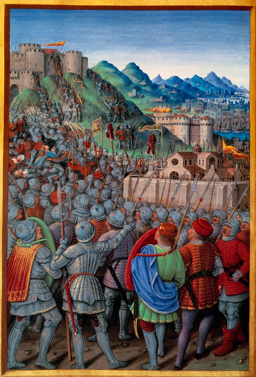 Genois zaatakowali przez Francuzów gwardię Castellacio de Genes (12 marca 1507). Miniatura Jeana Bourdichon (1457? - 1521) w „” Voyage de Genes”” (Folio 20v) napisanej przez Jeana Marota, v.1508. Paryż, Holandia autorstwa Jean Bourdichon