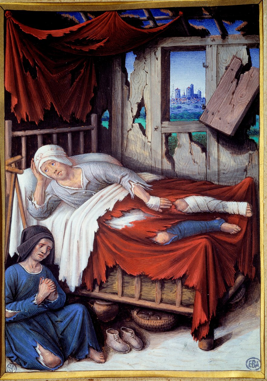 Śmierć biednego człowieka. Kobieta przy łóżku umierającego mężczyzny, módl się. Obraz Jeana Bourdichon (v.1457-1521) autorstwa Jean Bourdichon