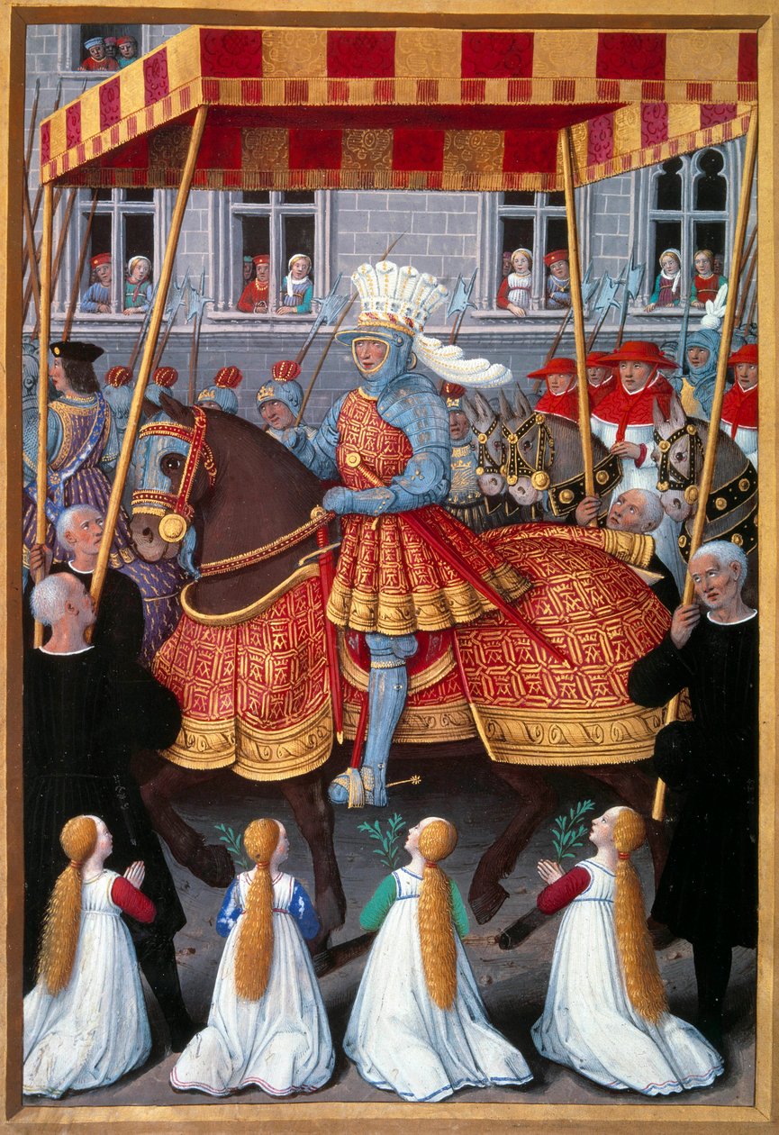 Triumfalny wjazd króla Ludwika XII (1462-1515) do Genes w kwietniu 1507 r. Miniatura zaczerpnięta z "Le voyage a Genes" Jeana Marota (1450-1526) powiększona przez Jeana Bourdichona (1457-1521) 1508. Paryż, B.N. autorstwa Jean Bourdichon