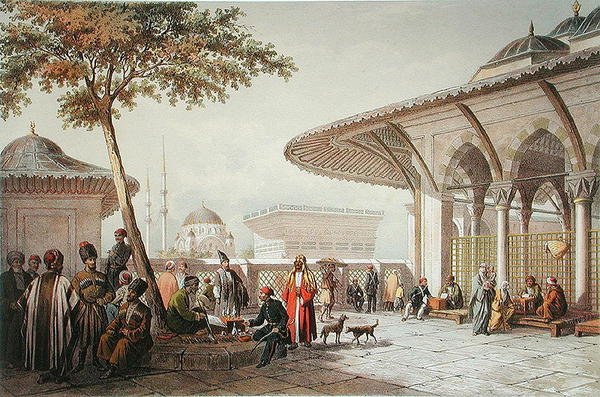 Wnętrze dziedzińca meczetu Top-Hani, ilustracja z "Souvenirs de Constantinople". autorstwa Jean Brindesi