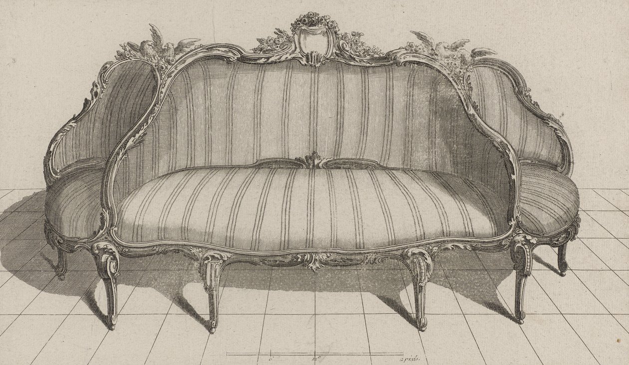 Sofa à Jouë w stylu Pictoresque, wydana w połowie lat 70. (rycina na papierze czerpanym) autorstwa Jean Charles (after) Delafosse