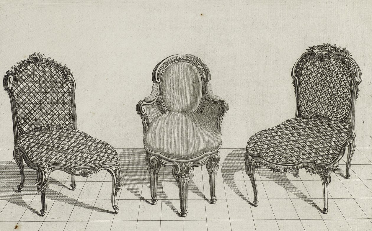 Cane Chair, Cabriolet Armchair, Cane Chair, wydana w połowie lat siedemdziesiątych (rycina na papierze czerpanym) autorstwa Jean Charles (after) Delafosse