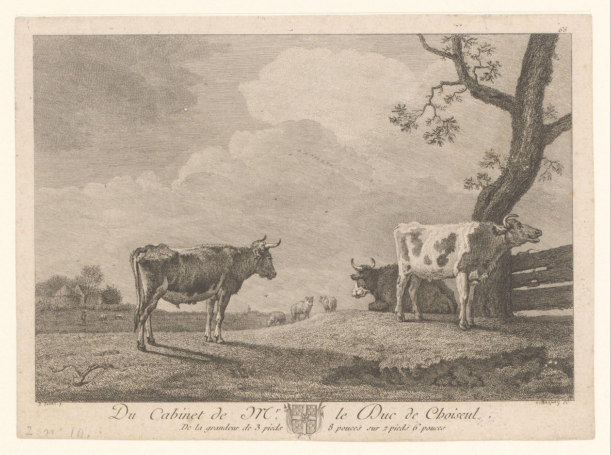 Trzy krowy na łące Prace z kolekcji Étienne François de Choiseul (tytuł serii) Du szafka de mr. le Duc de Choiseul (tytuł serii na obiekcie) autorstwa Jean Charles Baquoy