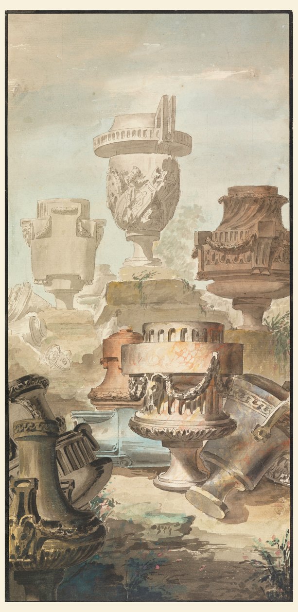 Rysunek, Ruin Fantasy: Wazony i urny, 1770 autorstwa Jean Charles Delafosse