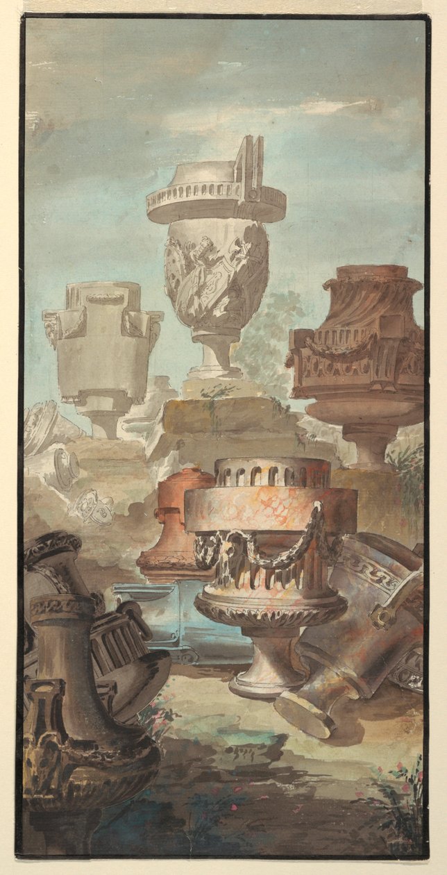 Rysunek, Ruin Fantasy: Wazony i urny, 1770 autorstwa Jean Charles Delafosse