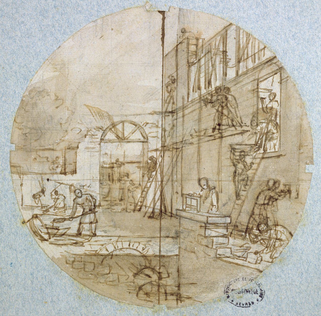 Warsztat murarza, projekt talerza do serwisu przedstawiającego różne zawody, ok. 1820-35 (pióro, tusz, wash i gwasz na papierze) autorstwa Jean Charles Develly