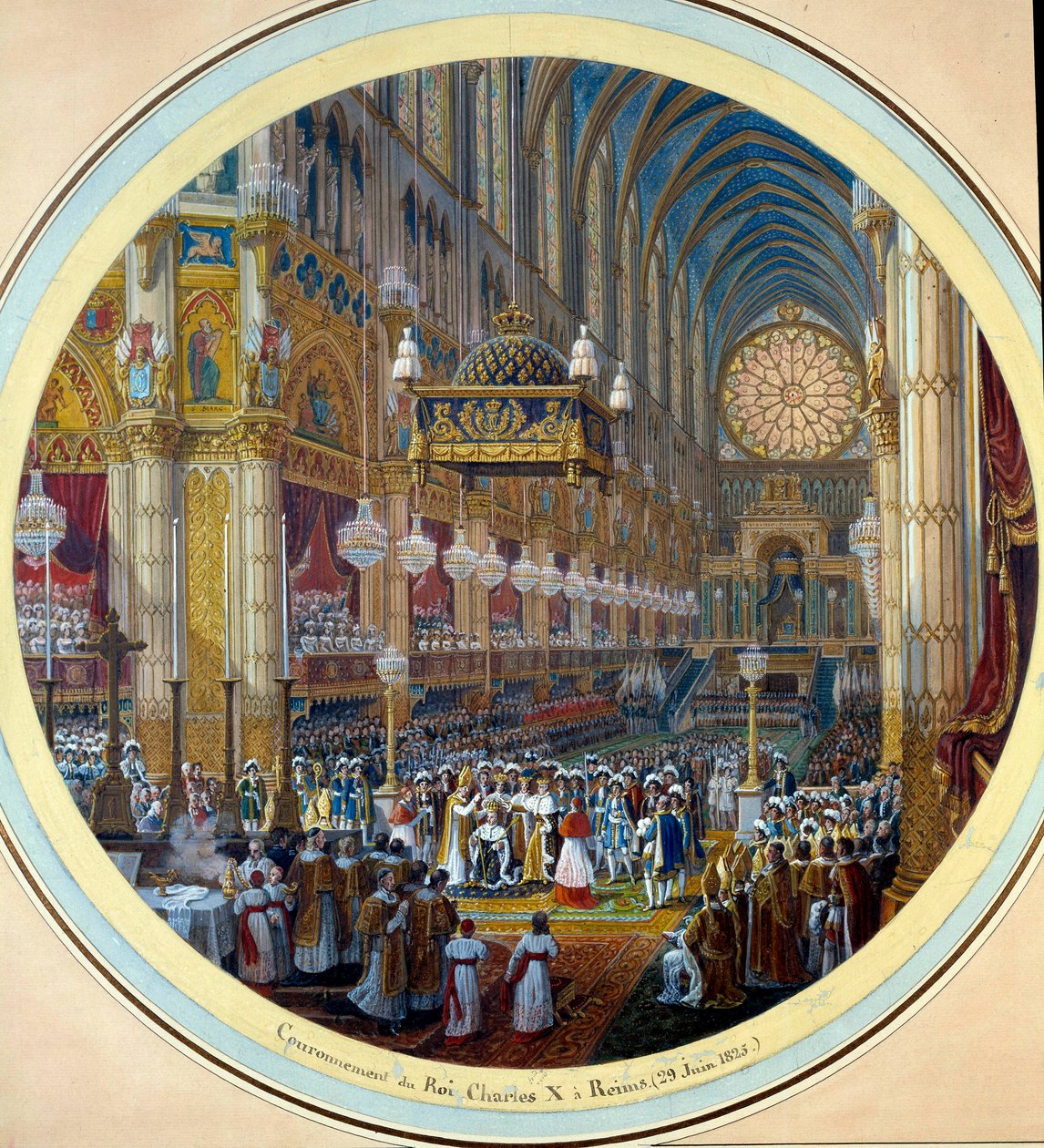 Koronacja Karola X (1757-1836) w katedrze w Reims 28.05.1825 Malowanie akwareli do projektu gueridon autorstwa Jean Charles Develly (1783-1862) 1825 Śr. 0,37m. Sevres. Produkcja porcelany autorstwa Jean Charles Develly