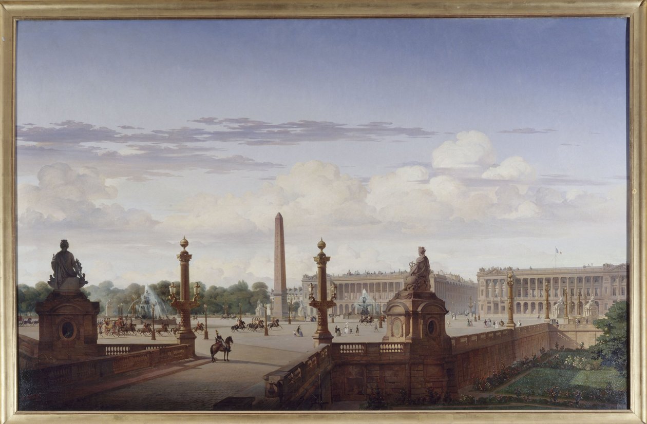 Place de la Concorde, widok z tarasu nad wodą; król Ludwik Filip przejeżdża przez plac w powozie, 1846 (olej na płótnie) autorstwa Jean Charles Geslin
