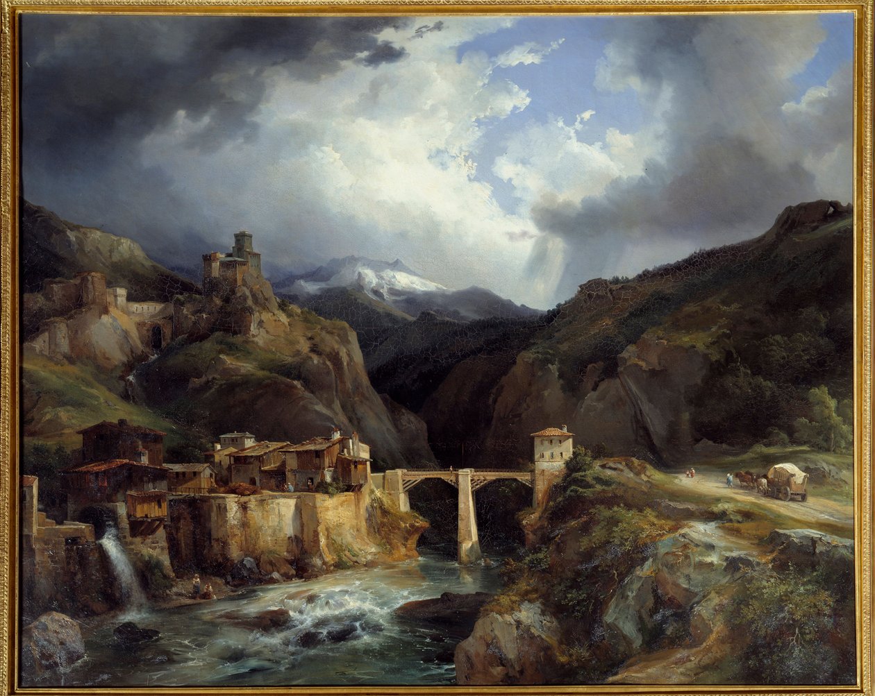 Wioska i most Crevola na drodze Simplon. Obraz Jeana Charlesa Remonda (1795-1875) autorstwa Jean Charles Joseph Rémond