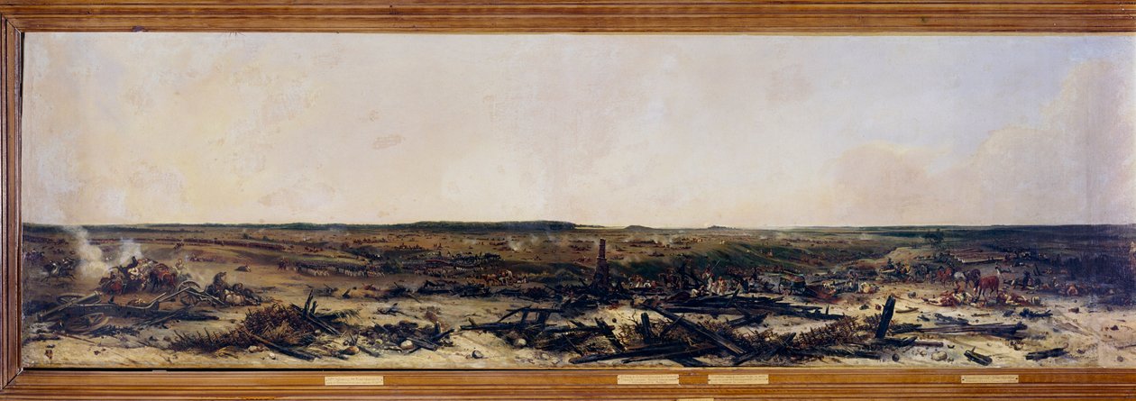 Kampania Rosji: „”Panorama bitwy pod Moskwą w dniu 7.09.1812””. Bitwa pod Moskwą (również bitwa pod Borodino) między Francuzami Napoleona I Bonaparte (1769-1821) a rosyjską armią cesarską dowodzoną przez Michaiła Goleniczewa Kutuzowa (Goleniszchowa) autorstwa Jean Charles Langlois