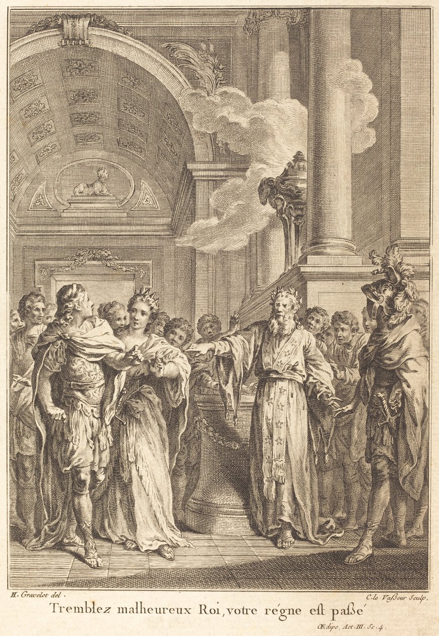 Drżyj nieszczęśliwy królu, twoje panowanie minęło autorstwa Jean Charles Levasseur after Hubert François Gravelot